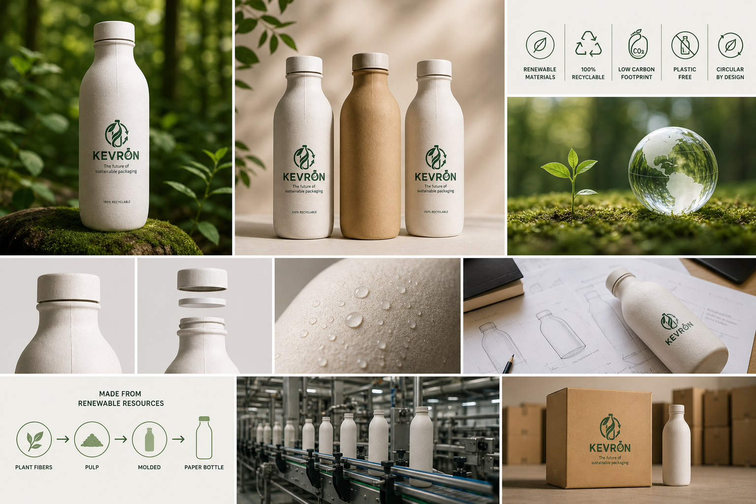 Kevron paper bottle manufacturing story — from sourced plant fibers through molding, quality checks, and finished packaging